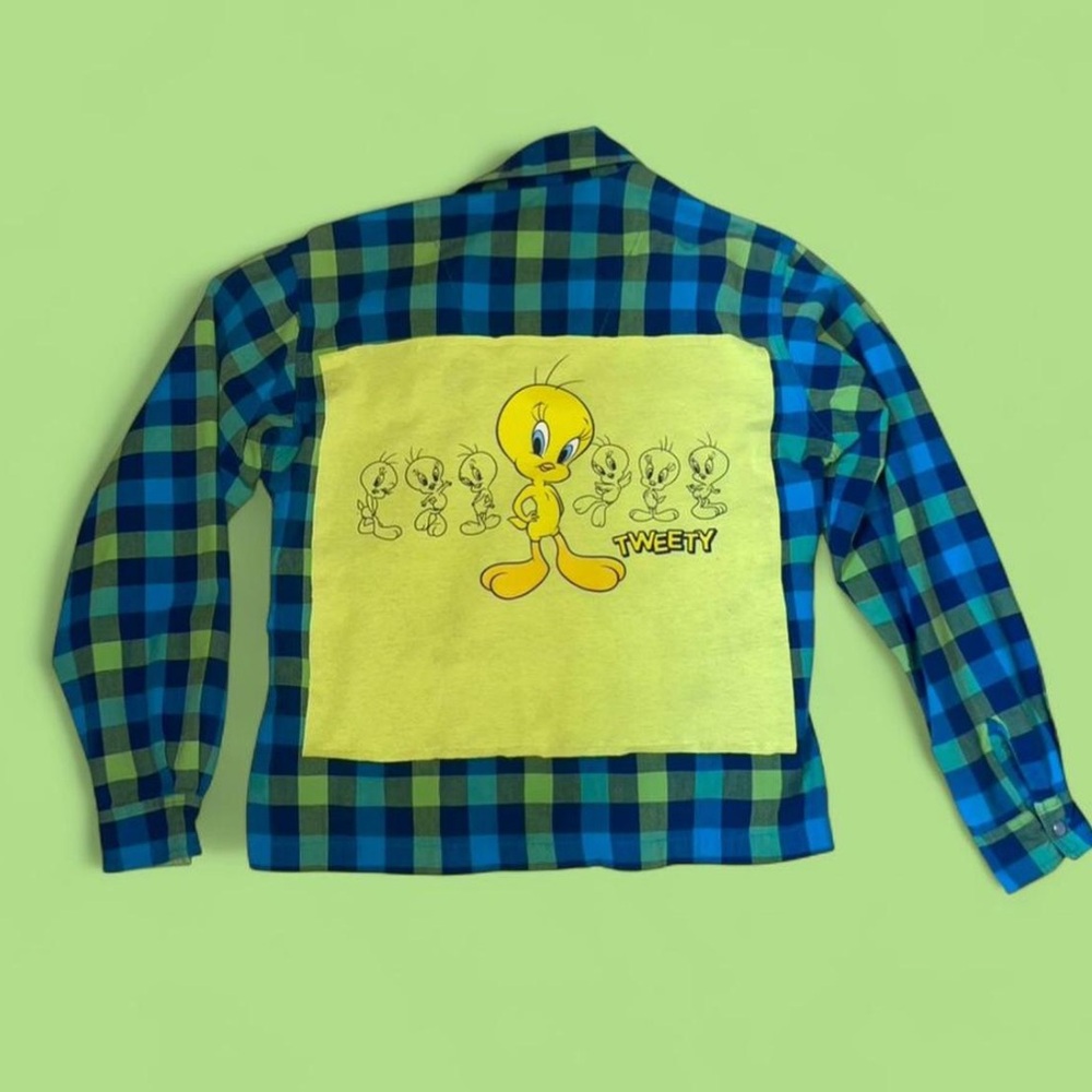 Vintage Upcycled Casey & Max Plaid Looney Tunes Tweety Top M